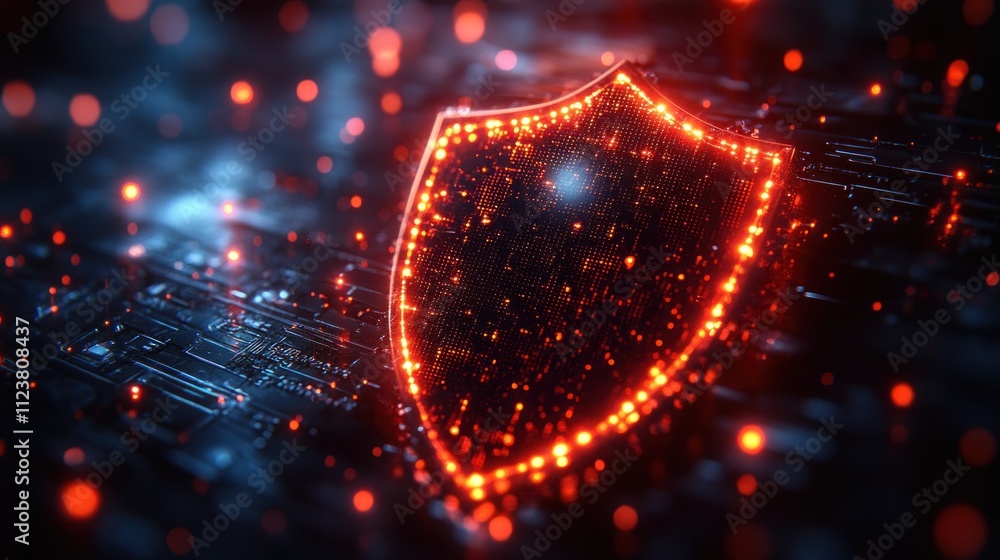 Poster a glowing digital shield symbolizing cybersecurity and protection in a tech environment.