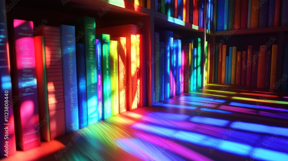Poster a vibrant bookshelf illuminated by colorful light patterns.