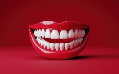 Naklejka premium A perfect white smile with shiny teeth highlighted on a bold red studio backdrop