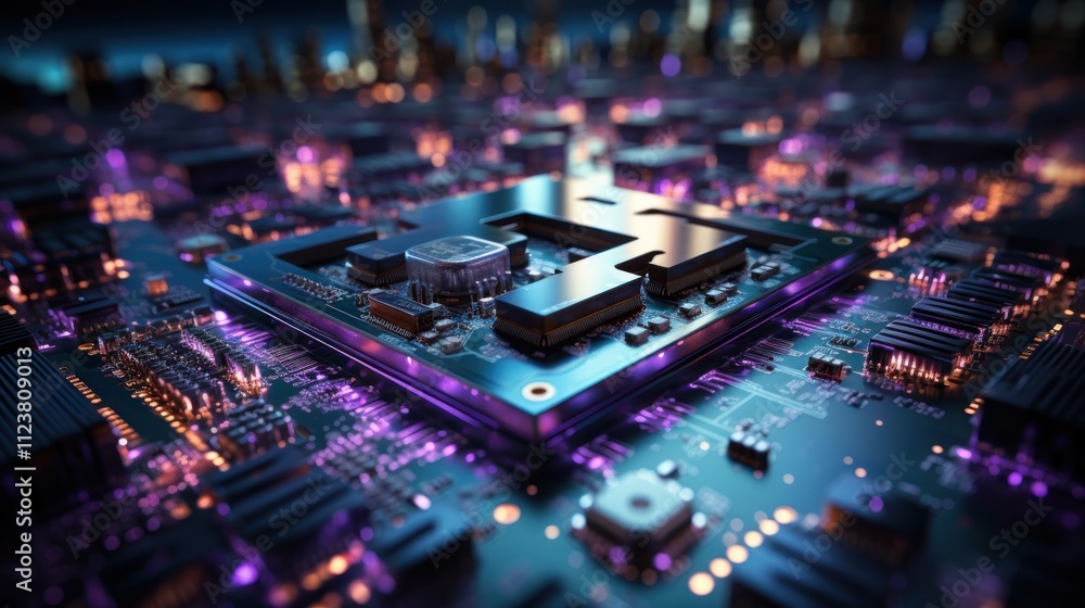 Poster a close-up of a modern microchip on a circuit board with glowing elements.
