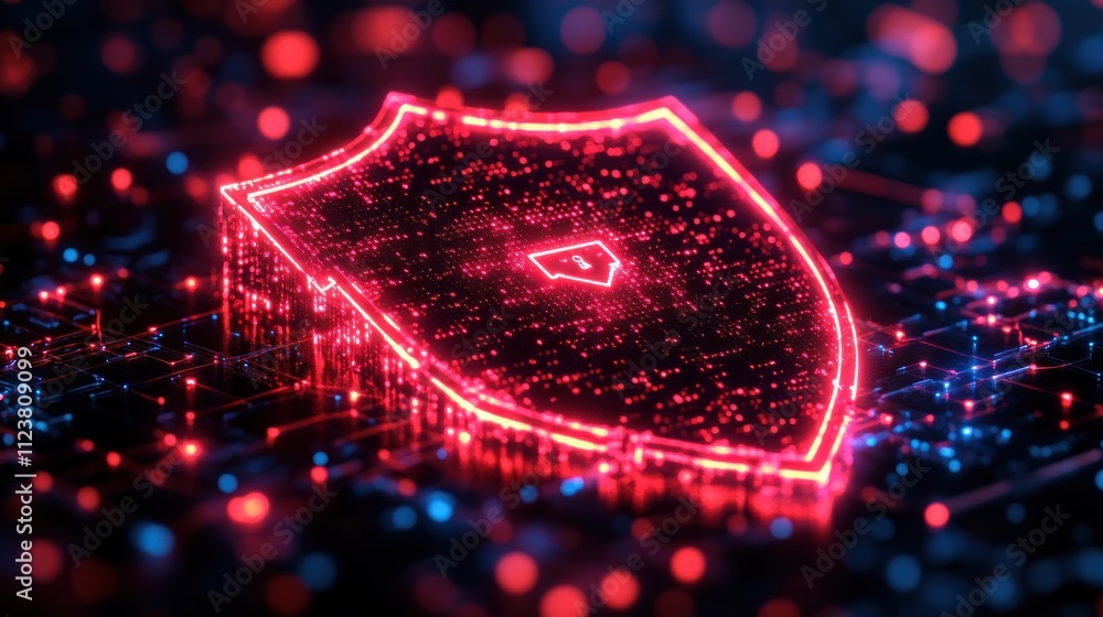 Poster a glowing digital shield symbolizing cybersecurity and protection in a tech environment.