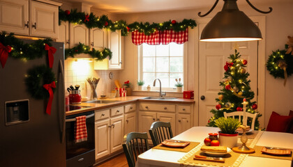 A cozy rustic kitchen featuring holiday decorations, a glowing Christmas tree, and a festive centerpiece, creating a warm and welcoming seasonal vibe.