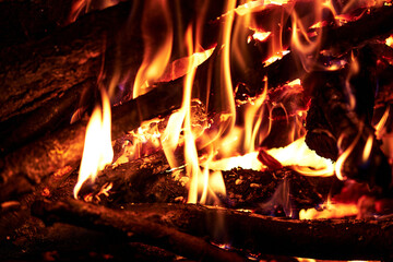 Burning firewood close-up bright flames orange and yellow colors intense heat glowing embers dark...