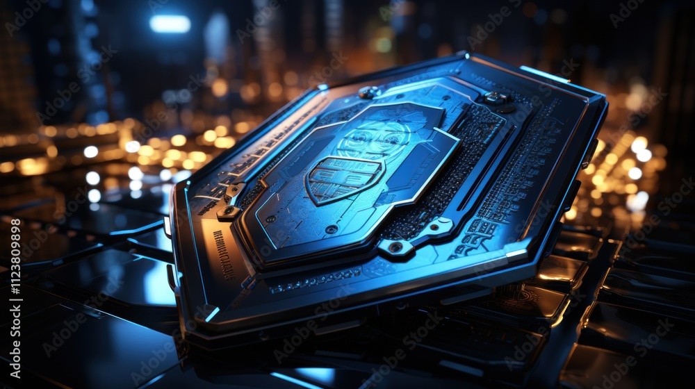Poster futuristic tech shield: advanced processor design