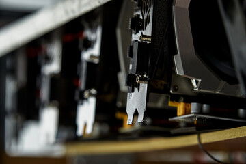 Close-up view multiple graphics cards mining rig cryptocurrency mining equipment computer hardware...