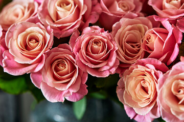 Obraz premium Pink roses close-up detailed petals romantic floral background bouquet of fresh flowers soft pastel colors natural beauty elegant arrangement floral decorations