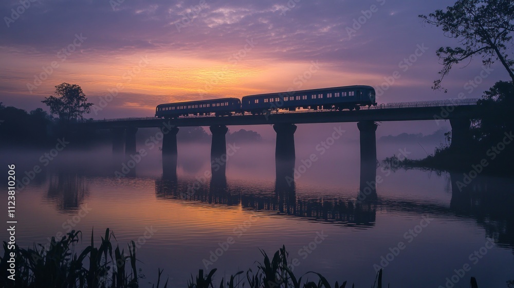 Wall mural Sunrise train crossing misty river bridge.