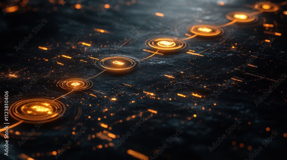 Poster glowing orange nodes connected by lines on a dark textured surface, resembling a futuristic technolo