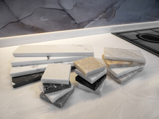 Stone texture for modern interior design. Sample of artificial acrylic stone for kitchen countertops and other furniture