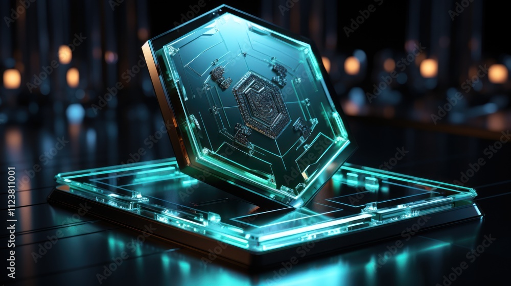 Poster futuristic transparent cube with intricate circuitry on a glass platform, illuminated with teal glow