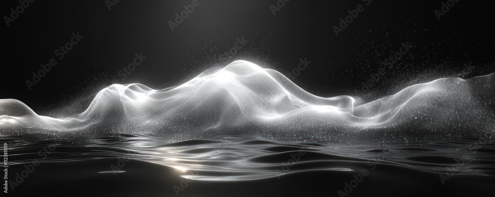 Poster abstract grayscale image of a luminous face-like form reclining on a dark, reflective surface, resem