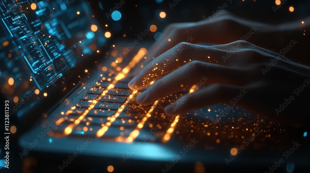 Poster glowing hands typing on laptop keyboard, digital data streams.