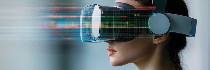 Virtual reality experience showcasing a woman wearing VR headset immersed in digital world with futuristic holographic elements for design and technology concepts