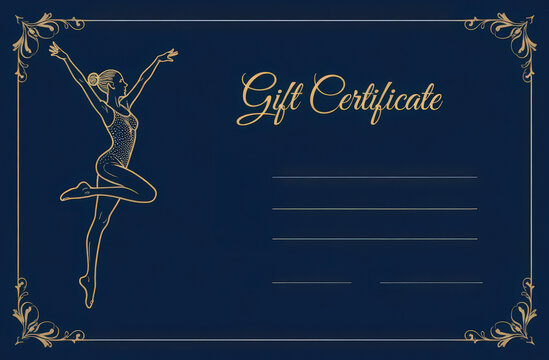 Gift certificate featuring a gold ballerina outline and decorative details on a navy background, symbolizing elegance and artistry - Powered by Adobe