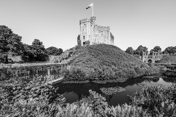 Cardiff, Wales, UK: Medieval Cardiff Castle, a motte and bailey castle in the old town of Cardiff in black and white