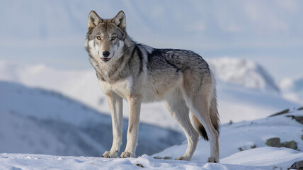 Obraz premium Lone Wolf Standing on Snowy Mountain Peak