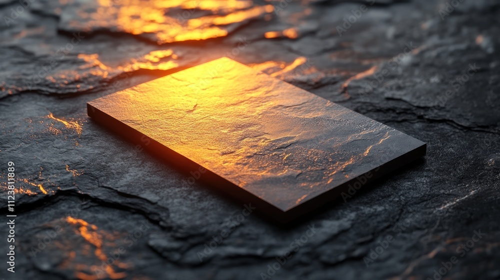 Poster glowing rectangular stone slab on dark textured surface.