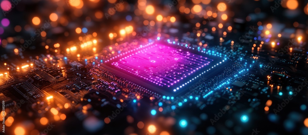 Poster glowing cpu on circuit board.