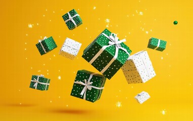 Levitating Christmas presents in green and white wrapping paper with sparkling decorations on a bright yellow studio background