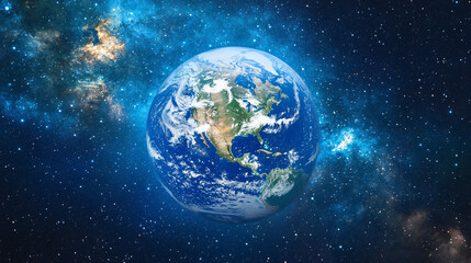 Naklejka premium A vast expanse of Earth as seen from the stars, with swirling clouds and vibrant oceans.