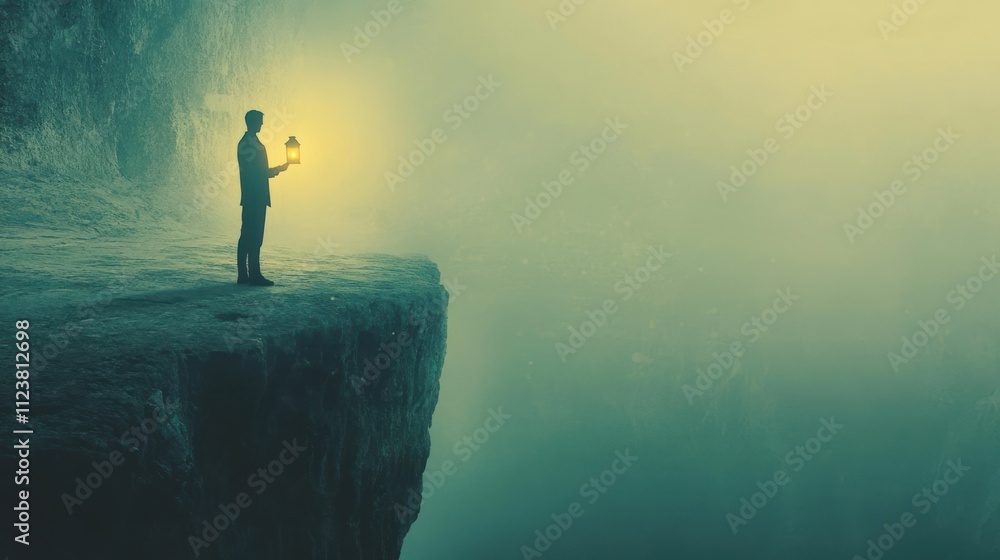 Poster man with lantern standing on cliff edge overlooking misty abyss.