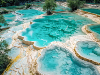 Fototapeta premium A stunning aerial view of travertine terraces filled with turquoise water, showcasing natural mineral textures and vibrant colors. Generative AI