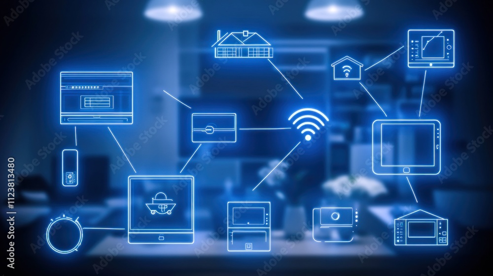 Poster smart home network concept showing interconnected devices and wifi connectivity.