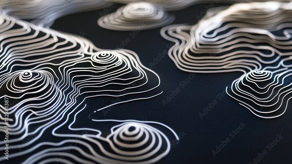 Poster abstract topographic map design with white lines on dark background.