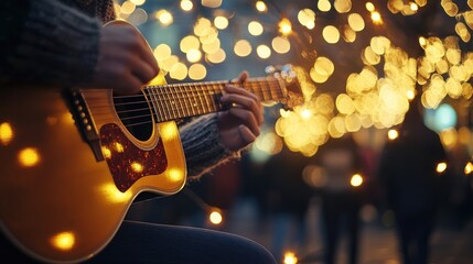 Obraz premium Close-up of a person playing an acoustic guitar at night with blurred festive lights in the background.
