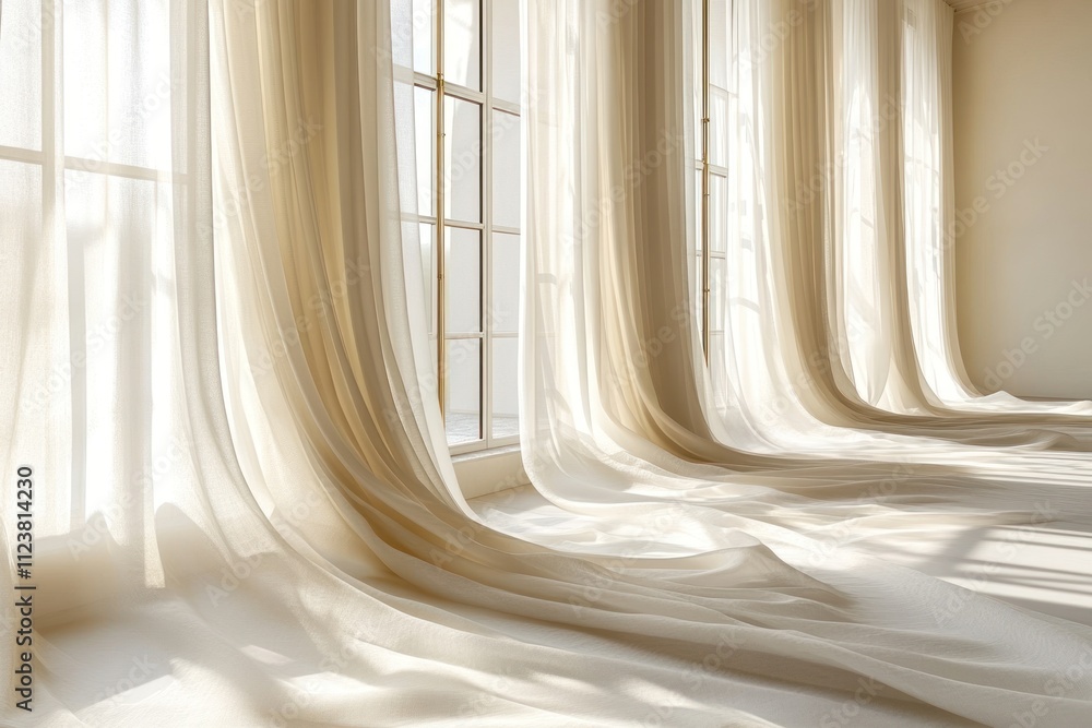 Poster sunlight streams through sheer cream curtains draped elegantly across a room's floor, illuminating t