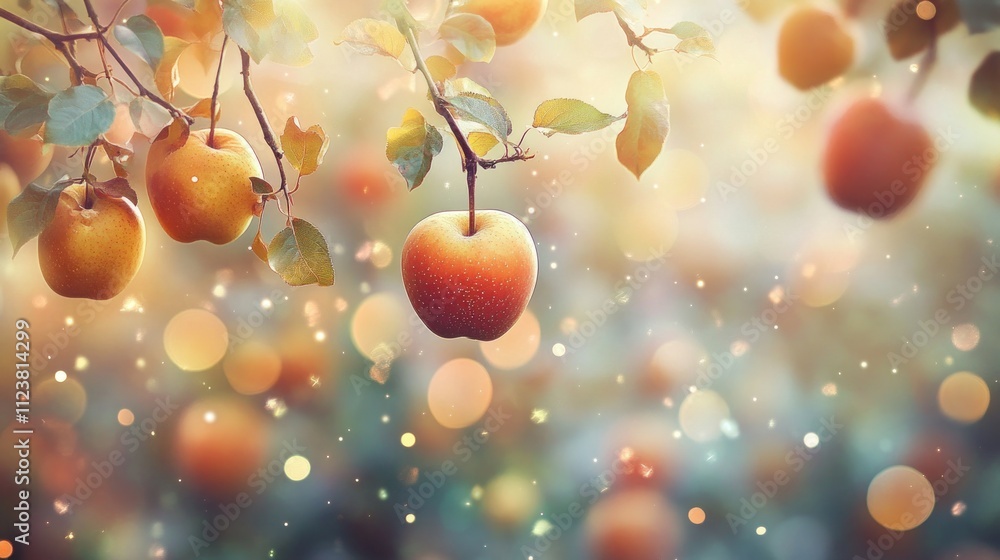 Poster ripe red apples hanging from a tree branch in an orchard with a bokeh effect.