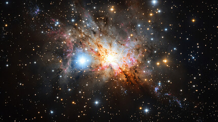 Fototapeta premium A vibrant galaxy with colorful nebulae swirling around bright stars, casting a mystical glow.