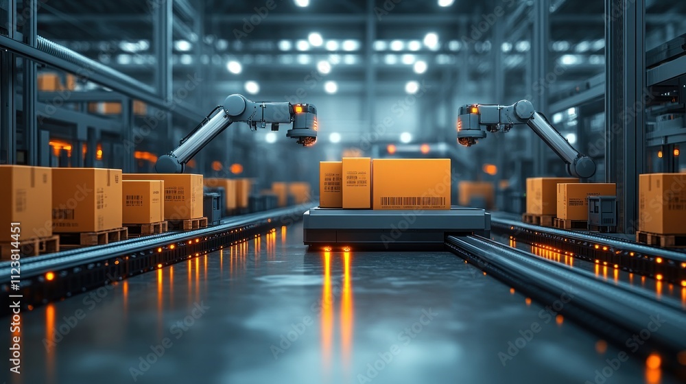 Poster automated robotic arms sorting cardboard boxes on a conveyor belt in a modern warehouse.