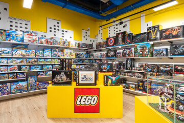 Naklejka premium corner with Lego board games. Toy construction brand. Udine Italy_December 4_2024.