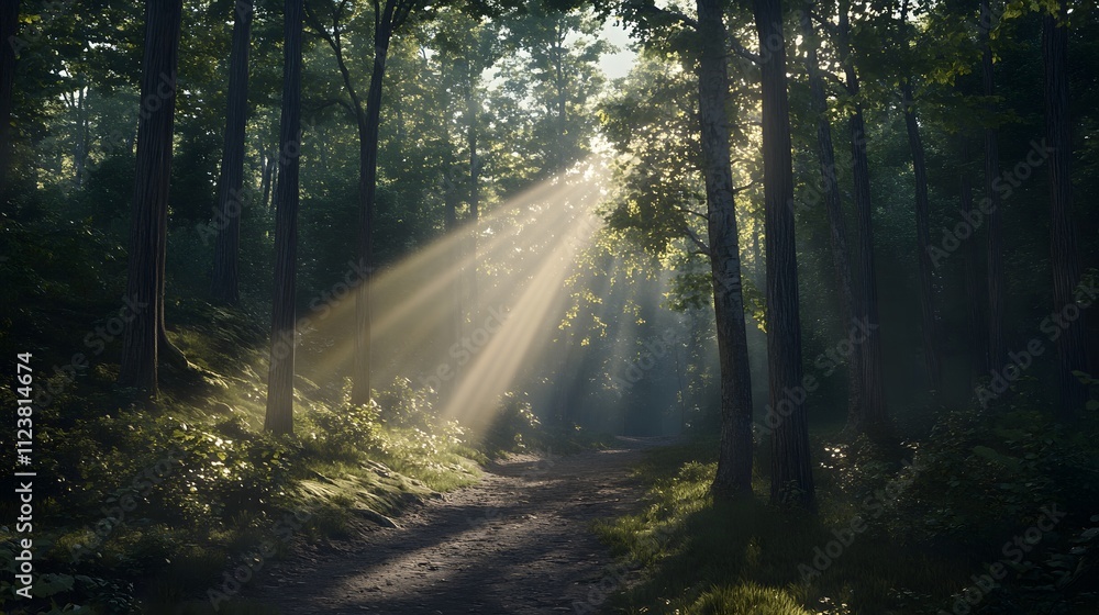Aufkleber a serene forest scene with sunlight filtering through trees, creating a tranquil atmosphere.