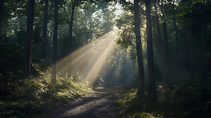 Obraz premium A serene forest scene with sunlight filtering through trees, creating a tranquil atmosphere.