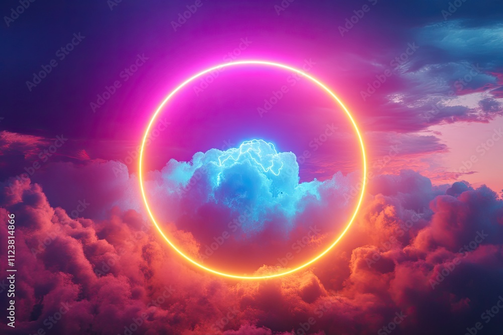 Poster the glowing neon ring and illuminated thundercloud spin and spin endlessly. abstract round frame, la