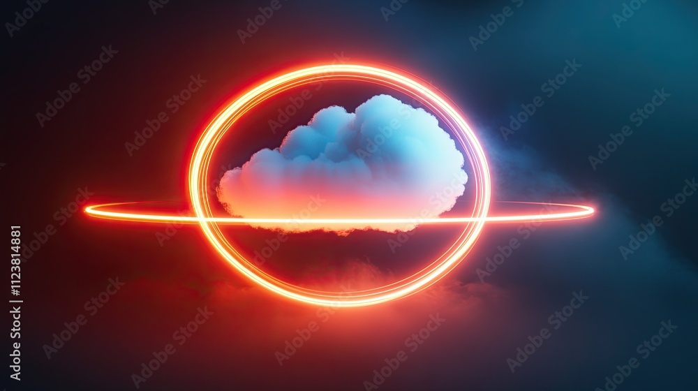 Poster the glowing neon ring and illuminated thundercloud spin and spin endlessly. abstract round frame, la