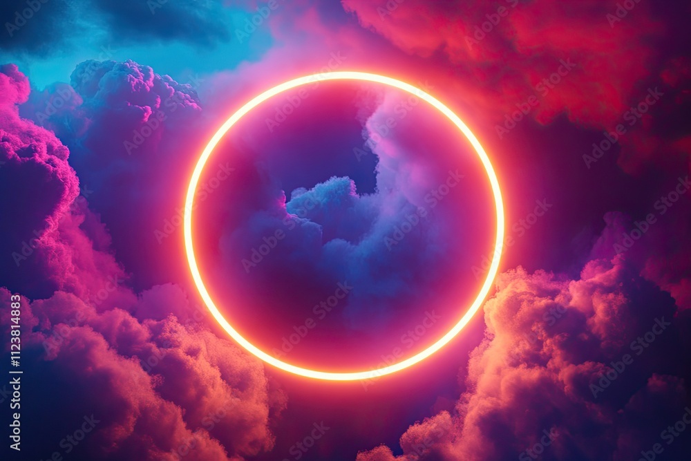 Poster the glowing neon ring and illuminated thundercloud spin and spin endlessly. abstract round frame, la