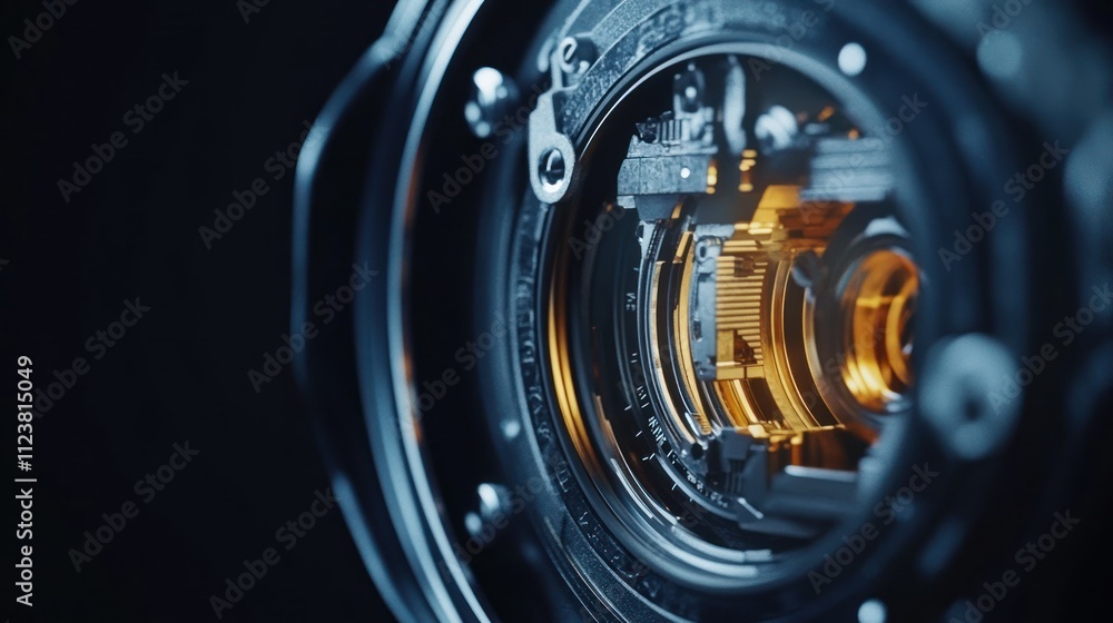 Poster close-up of intricate camera lens mechanism, showcasing its internal components and sophisticated en