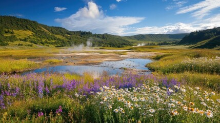 Obraz premium A vibrant landscape featuring geothermal features such as mud pots and hot springs, surrounded by wildflowers and lush vegetation. The image captures the ecological diversity that geothermal energy