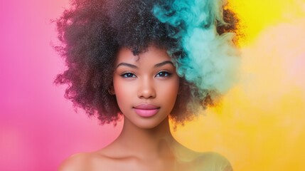 Fototapeta premium Portrait of a young woman with vibrant afro hairstyle and colorful smoke. (1)