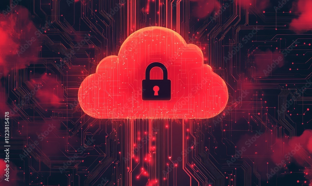 Poster a modern digital illustration featuring a red cloud with a padlock on a circuit board background, sy