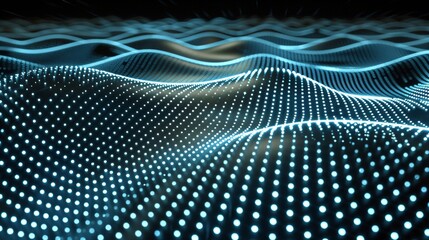 Abstract Digital Waves with Glowing Dots in Blue and Black Background