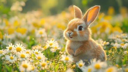Adorable bunny rabbit sitting amidst a field of blooming daisies in bright sunlight.