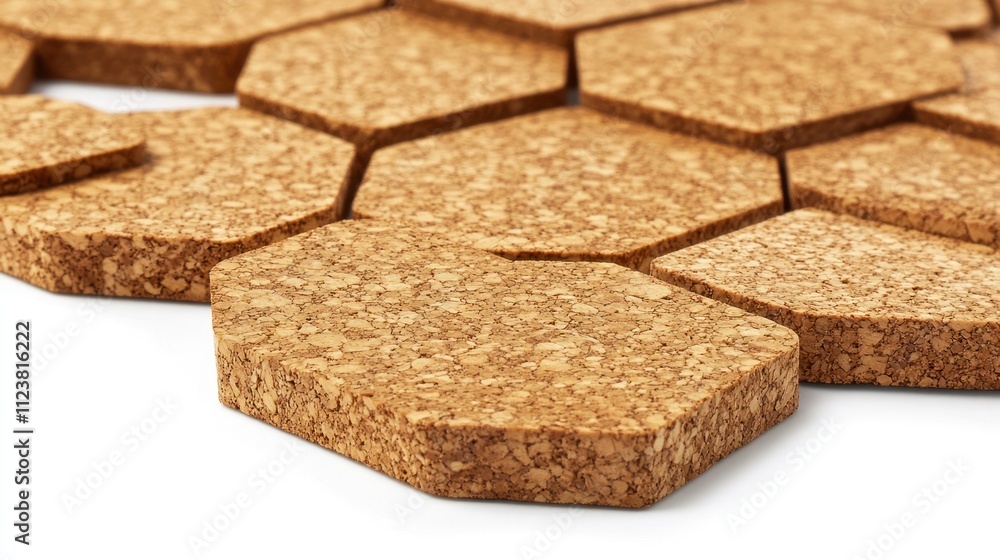 Aufkleber close-up of hexagonal cork pieces arranged in a honeycomb pattern on a white background.