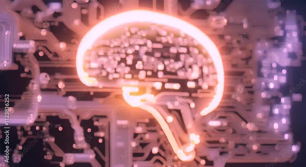 Poster glowing digital brain hovers over a circuit board with data streams illustrating artificial intellig