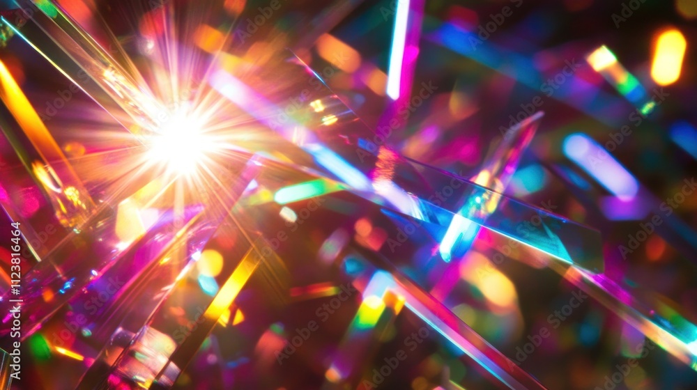 Poster abstract colorful light rays and bokeh.
