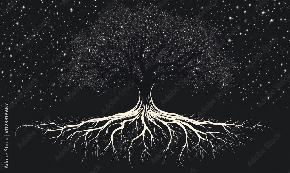 Poster a silhouette of a tree with extensive roots extending into a starry background, merging nature with 