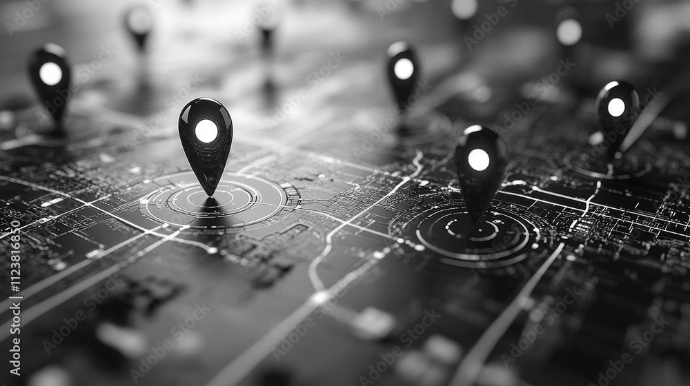 Poster network map with multiple location pins highlighting key points.